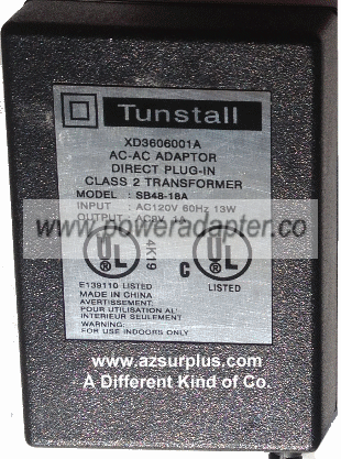 Tunstall SB48-18A AC ADAPTER 9VAC 1A Used RJ9 4Pins 7.7mm XD36 Tunstall SB48-18A AC ADAPTER 9VAC 1A Used RJ9 4Pins 7.7mm XD36